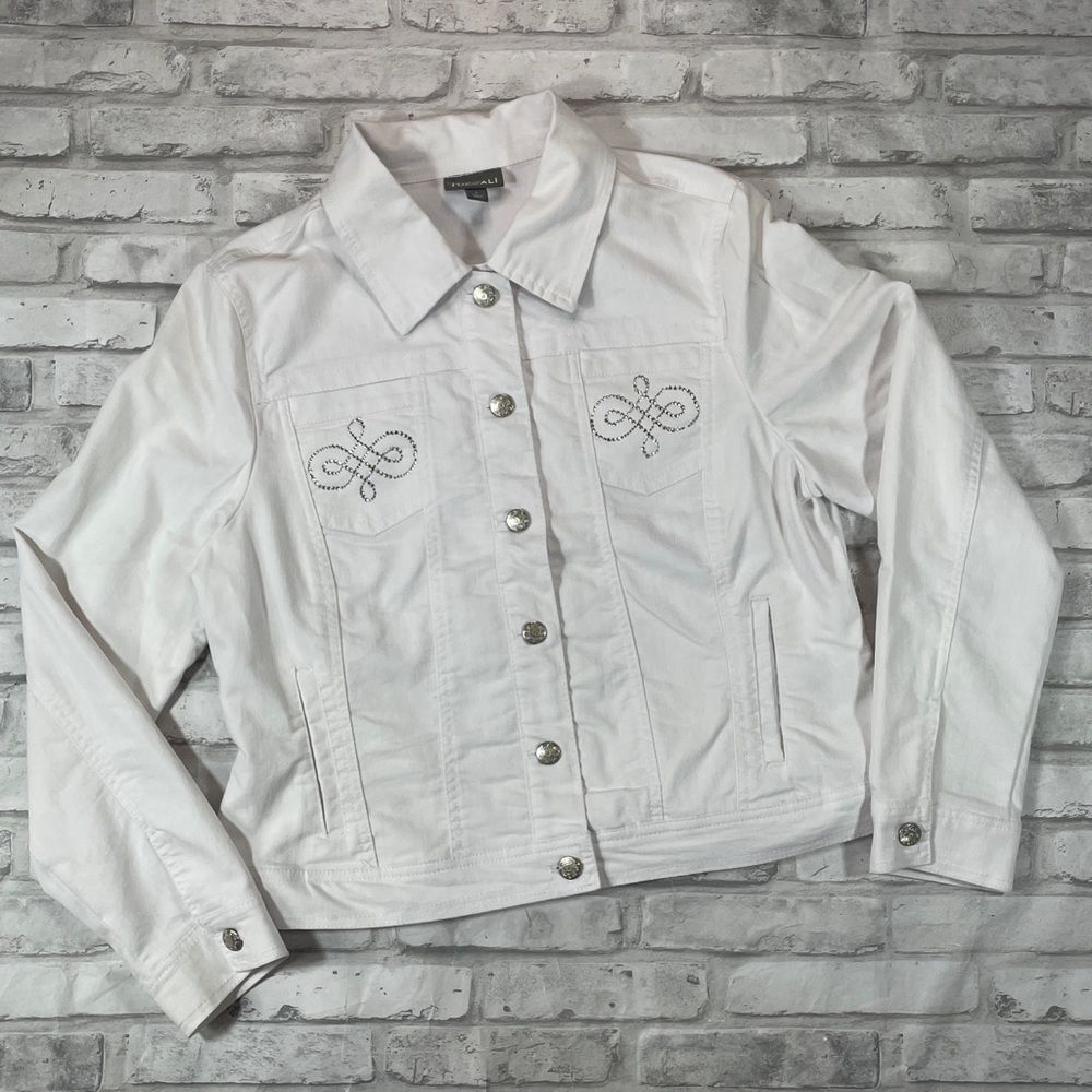 Roz & Ali JACKET White Denim Stretch Jean Rhinestone Accented, L